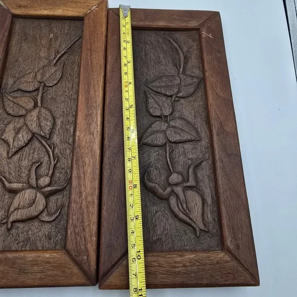 2 Antique Vtg Handcarved Wooden Panel Upcycled Plant Flower Wall Hangings
